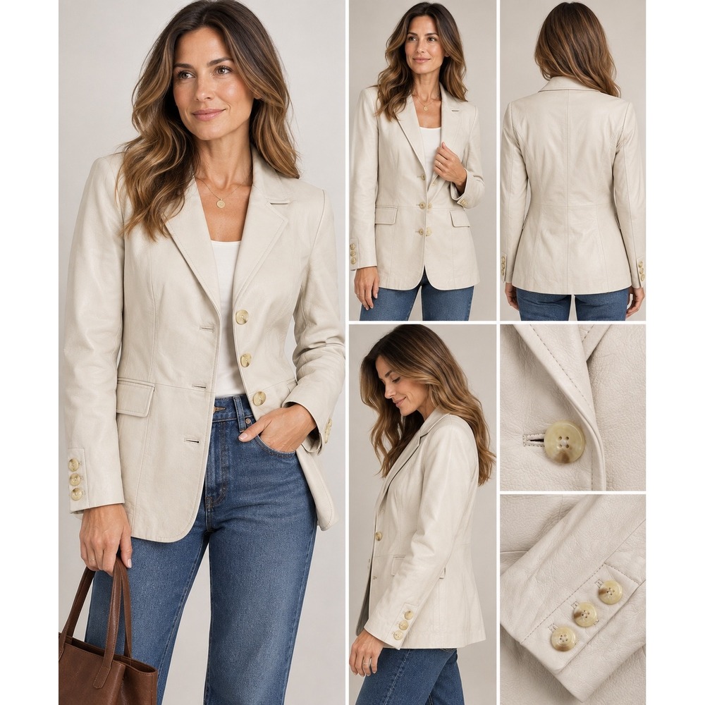 Terry Lewis Classic Luxuries Cream Leather Blazer Jacket Plus Size 1X FLAW